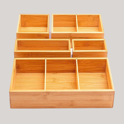Winged Sirius 5-Piece Bamboo Drawer Organiser | Multi-Sized Compartments With Removable Dividers | Set of 5 Durable Wood Storage Boxes With Extra Foot Pads | Perfect for Home and Office Use