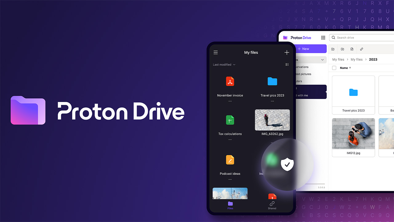 Proton Drive graphic displaying its mobile and desktop apps