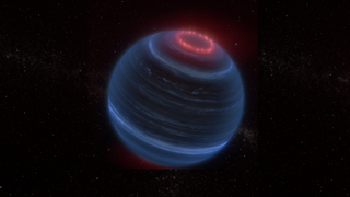 An illustration of a dark-blue failed star, or brown dwarf, with a ring of reddish aurorae around its north pole.