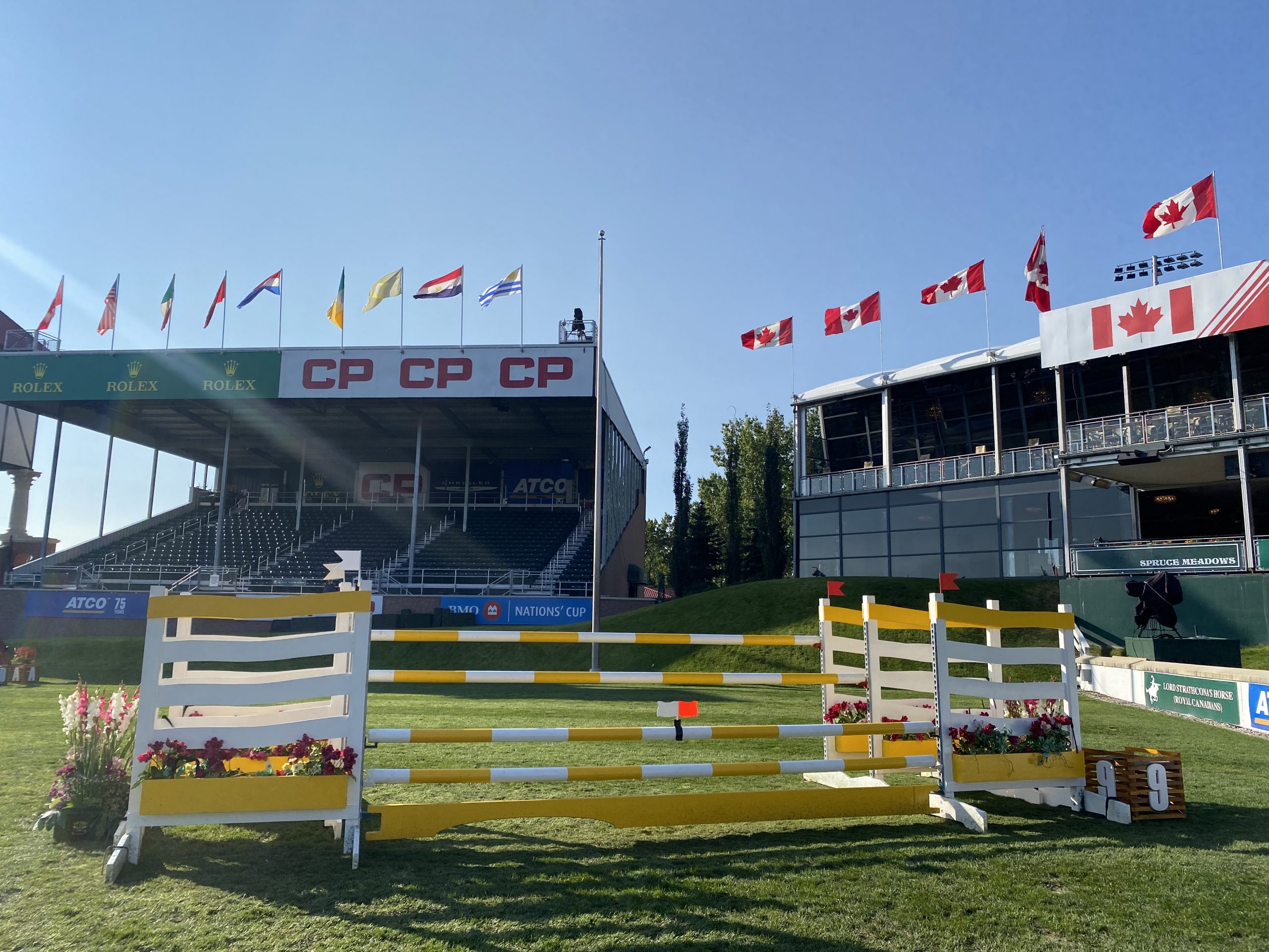Showjumping fences: the triple bar in the CP International grand prix at Spruce Meadows, Canada