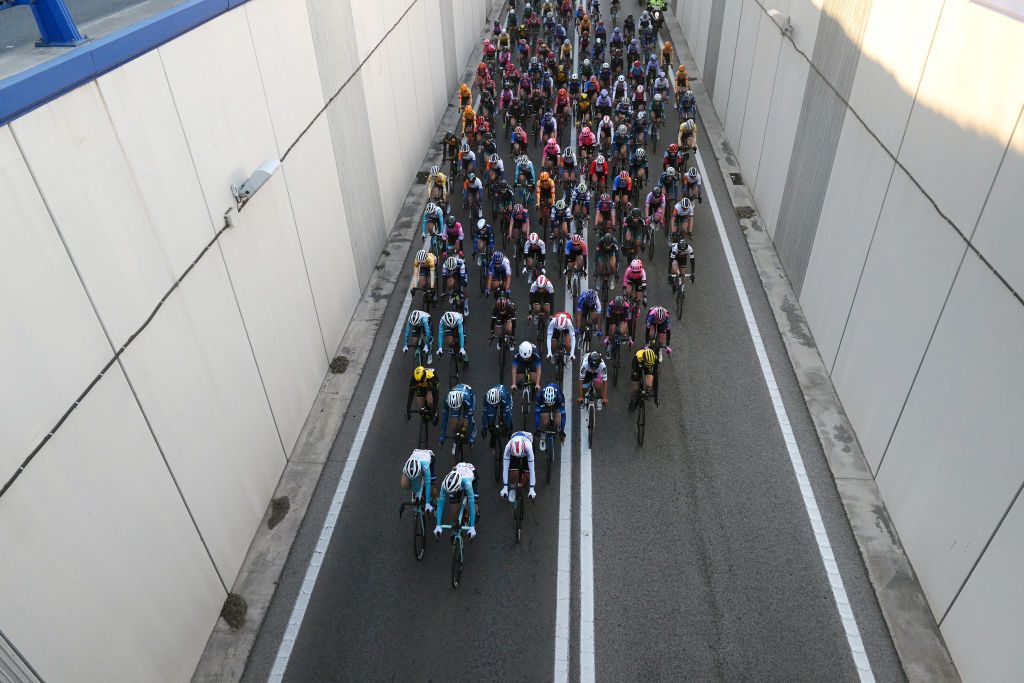 PATERNA SPAIN FEBRUARY 05 A general view of the peloton competing prior to the 5th VCV Fminas GP 2023 a 93km one day race from Paterna to Valencia on February 05 2023 in Paterna Spain Photo by Dario BelingheriGetty Images