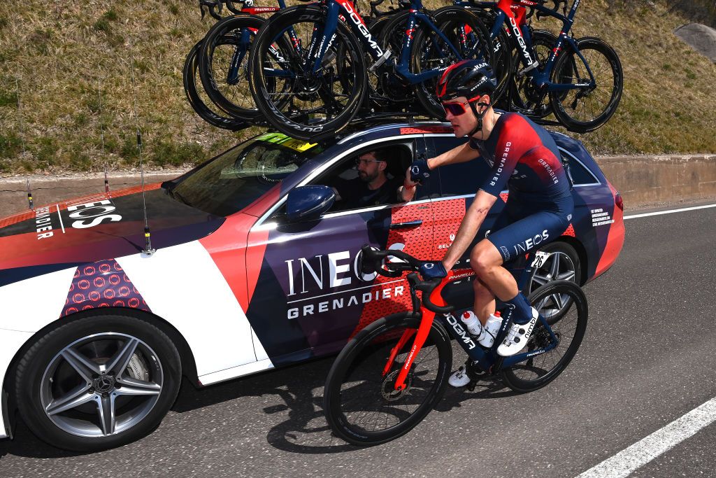 BOLZANO LANA ITALY APRIL 19 Pavel Sivakov of Russia and Team INEOS Grenadiers in the breakaway picks bottles from his Team car during the 45th Tour of the Alps 2022 Stage 2 a 1541km stage from PrimieroS Martino di Castrozza to Lana TouroftheAlps on April 19 2022 in Bolzano Lana Italy Photo by Tim de WaeleGetty Images