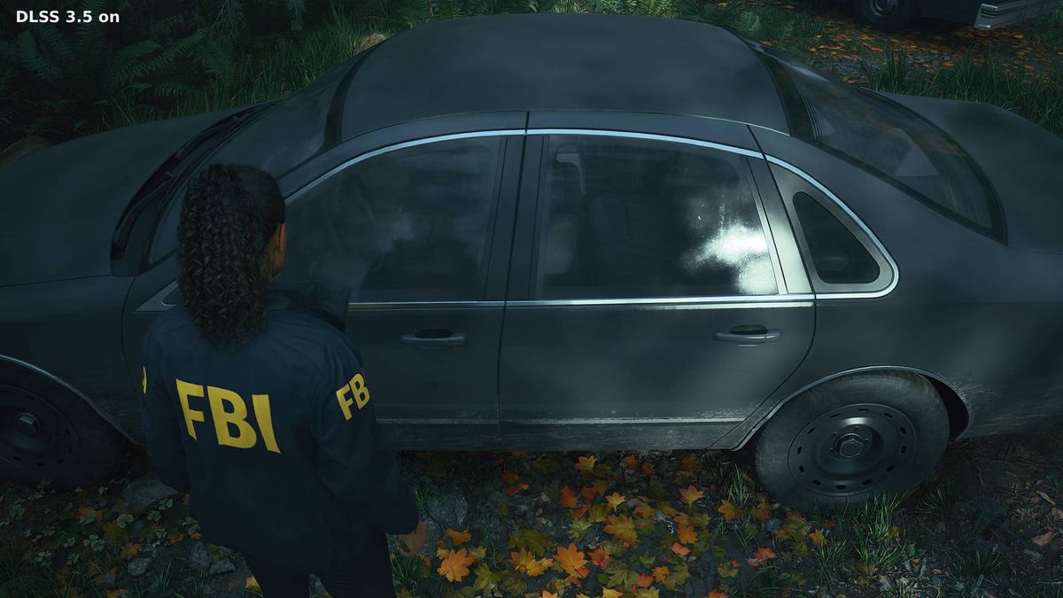Alan Wake 2 screenshot with Ray Reconstruction on next to car