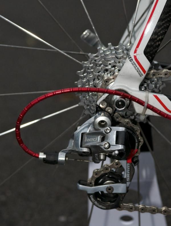 SRAM Red rear mech and cassette, fed by Nokon cable casing.