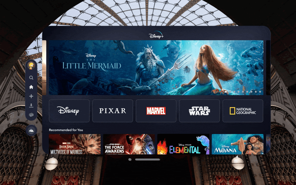 Disney Plus environments available on the Apple Vision Pro include the Disney Plus Theater, the Monster's Inc Scare Floor, Avengers Tower from the MCU, and Tatooine from Star Wars