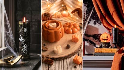 Three pictures of Halloween decorations - a black pillar candle on a window ledge, an orange pumpkin wax melter on top of a wooden board, and a pumpkin light on top of orange and black books