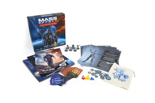 The full spread of books and components in the board game Mass Effect: Priority Hagalaz.