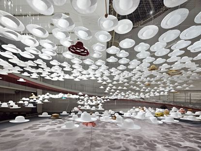 A view of Nendo's exhibition design for Akio Hirata's exhibition of hats in Tokyo