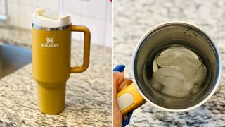 Side-by-side pictures of the Stanley Quencher Tumbler sitting on a counter on the left side and a it opened on the right side, for Stanley Quencher Tumbler review.
