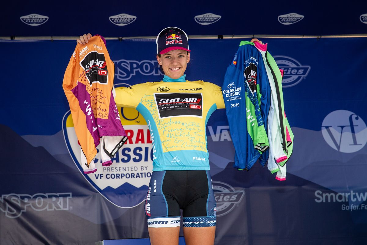 Chloe Dygert (Sho-Air Twenty20) holds onto the leader, sprint, QOM and best young rider jerseys after Stage 3 of the Colorado Classic on August 24, 2019 in Golden, Colorado.