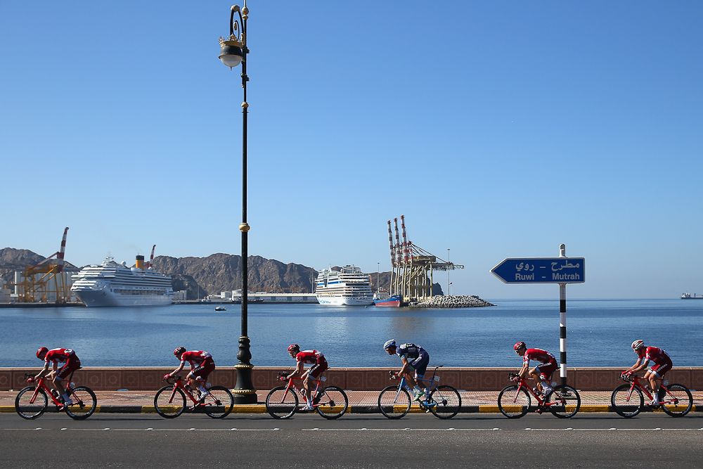 The breakaway makes its way along the coast during the final stage in Oman.