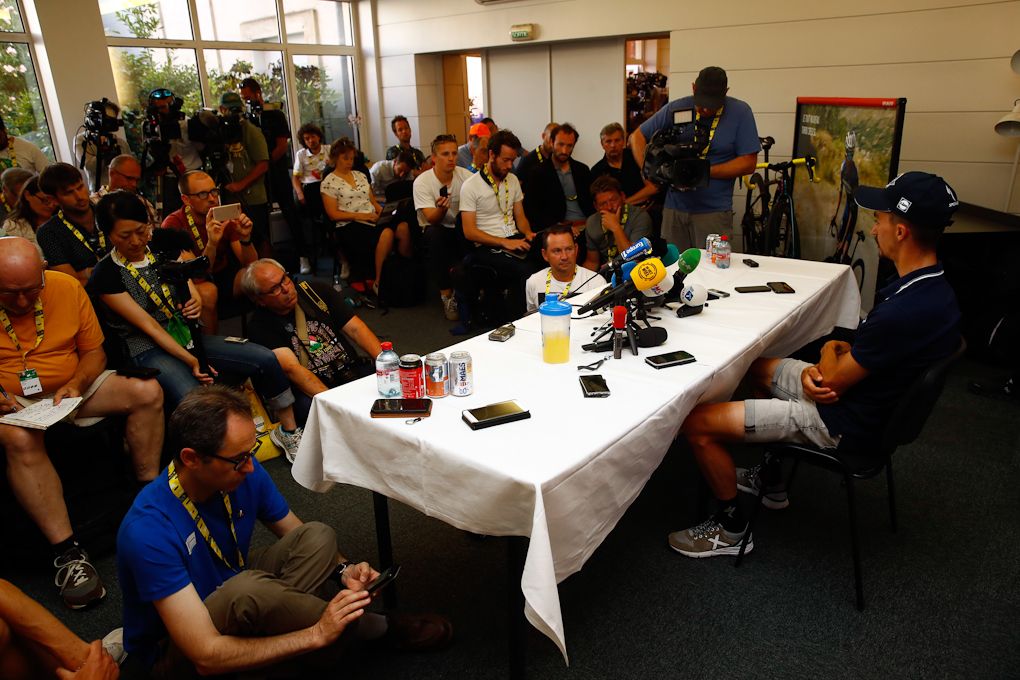Tour de France leader Julian Alaphilippe drew a crowd for his rest day press conference.