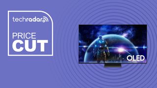 Samsung S90D OLED TV on purple background with price cut sign