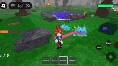 Fighting a blue frog in 99 Nights in the Forest