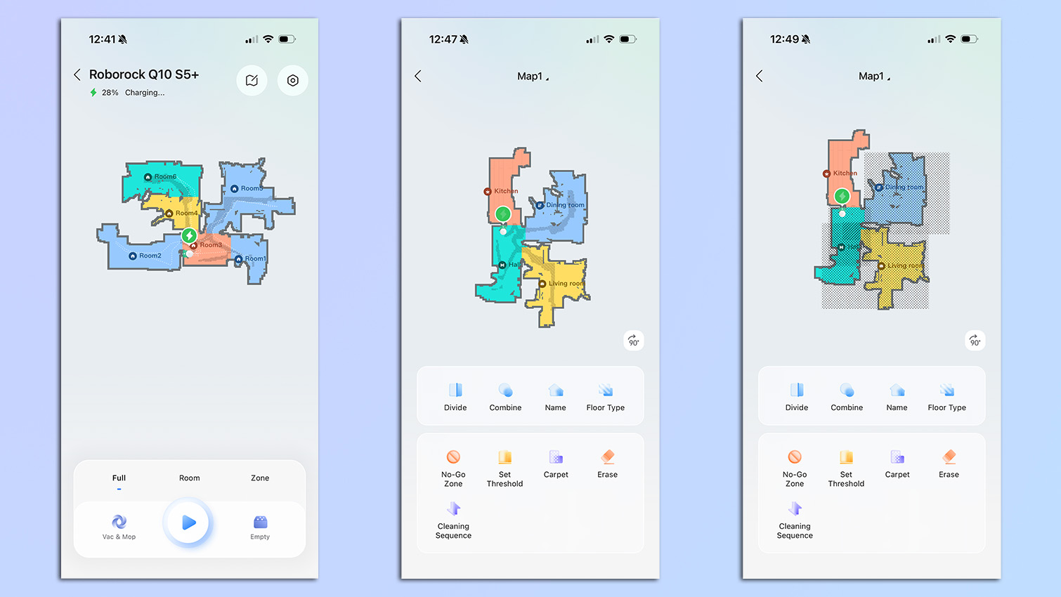 Screenshots from the Roborock app of the Roborock Q10 S5+
