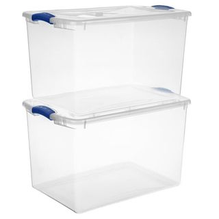 2 stacked Sterilite 66 Qt. Clear plastic locking boxes with blue closures and clear lids