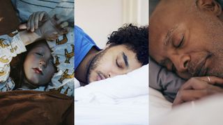 Three different ages of people asleep – child, adult, senior