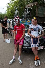Stage four winner Deon Locke (right) of Champion Systems chats with fellow Aussie Darren Lapthorne (Drapac Professional Cycling) in Haikou.