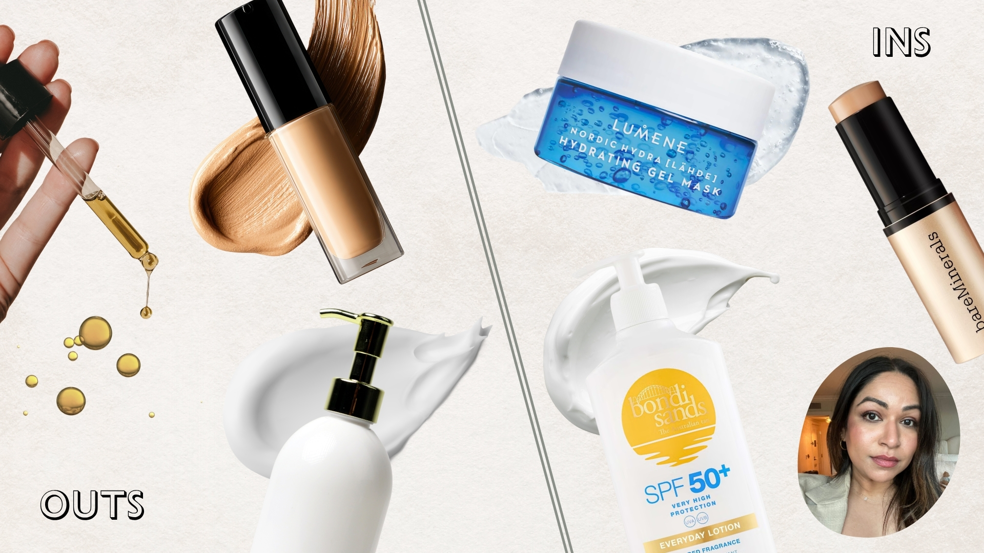 Aleesha's beauty outs for the heatwave (L-R) include body lotions, lightweight foundations and face oils, ins (R) include gel face masks, body SPF and skin tint sticks.