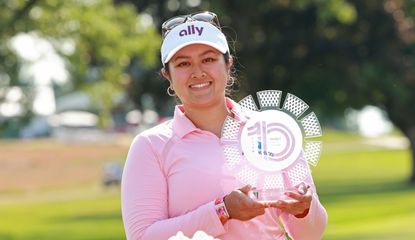 Lilia Vu holds the Meijer LPGA Classic trophy