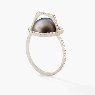 Sustainable grey Tahitian pearl arch ring with white diamond pavé and 18ct recycled white gold