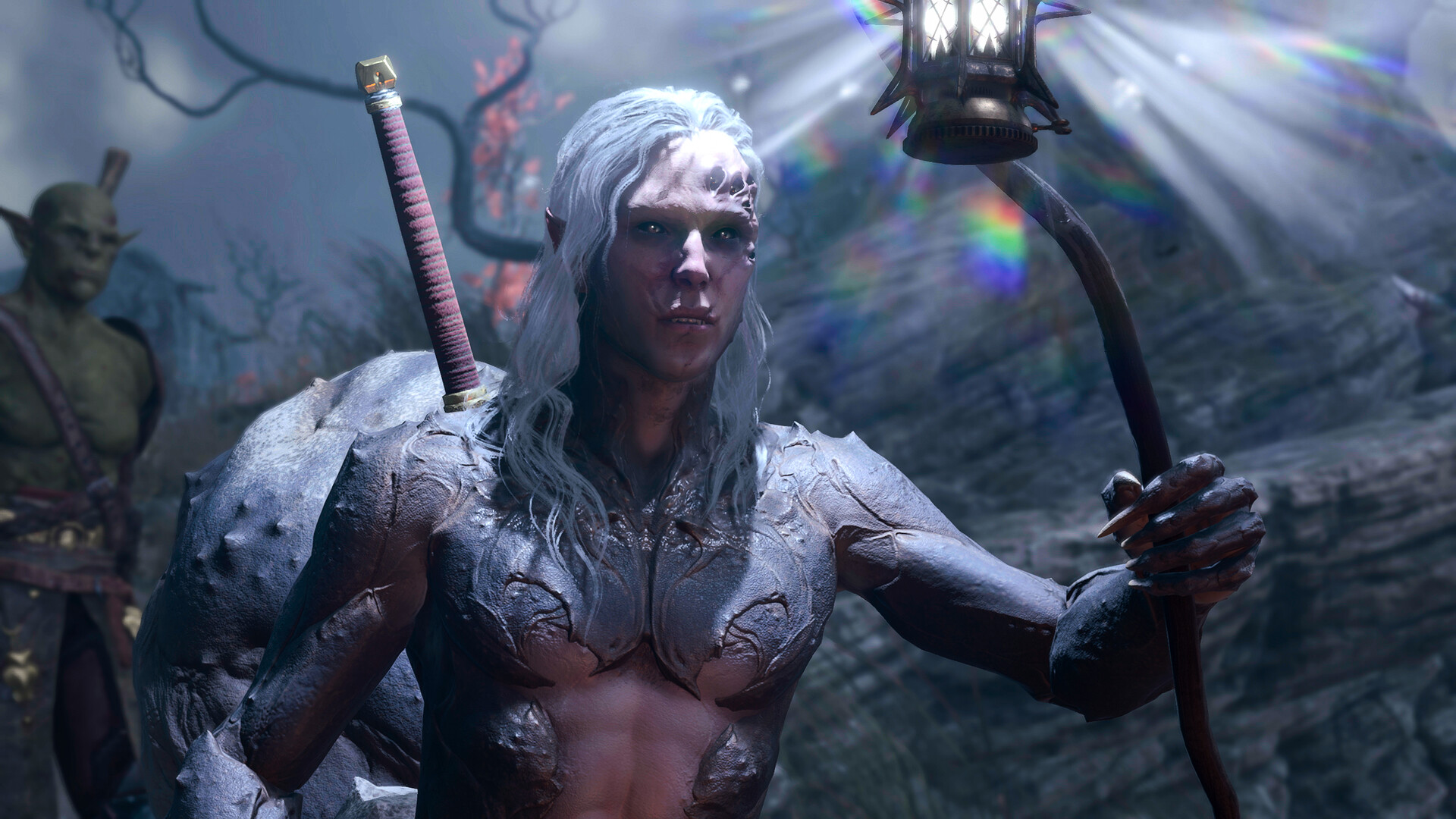 A close up of the character Kar'niss holding a light during Act 2 of the RPG Baldur's Gate 3