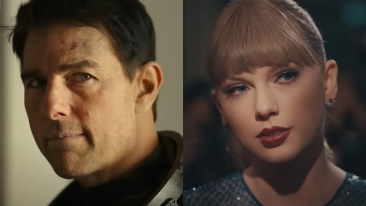 Tom Cruise in Top Gun: Maverick and Taylor Swift in Delicate music video.