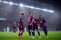 Robert Lewandowski of FC Barcelona celebrates scoring.