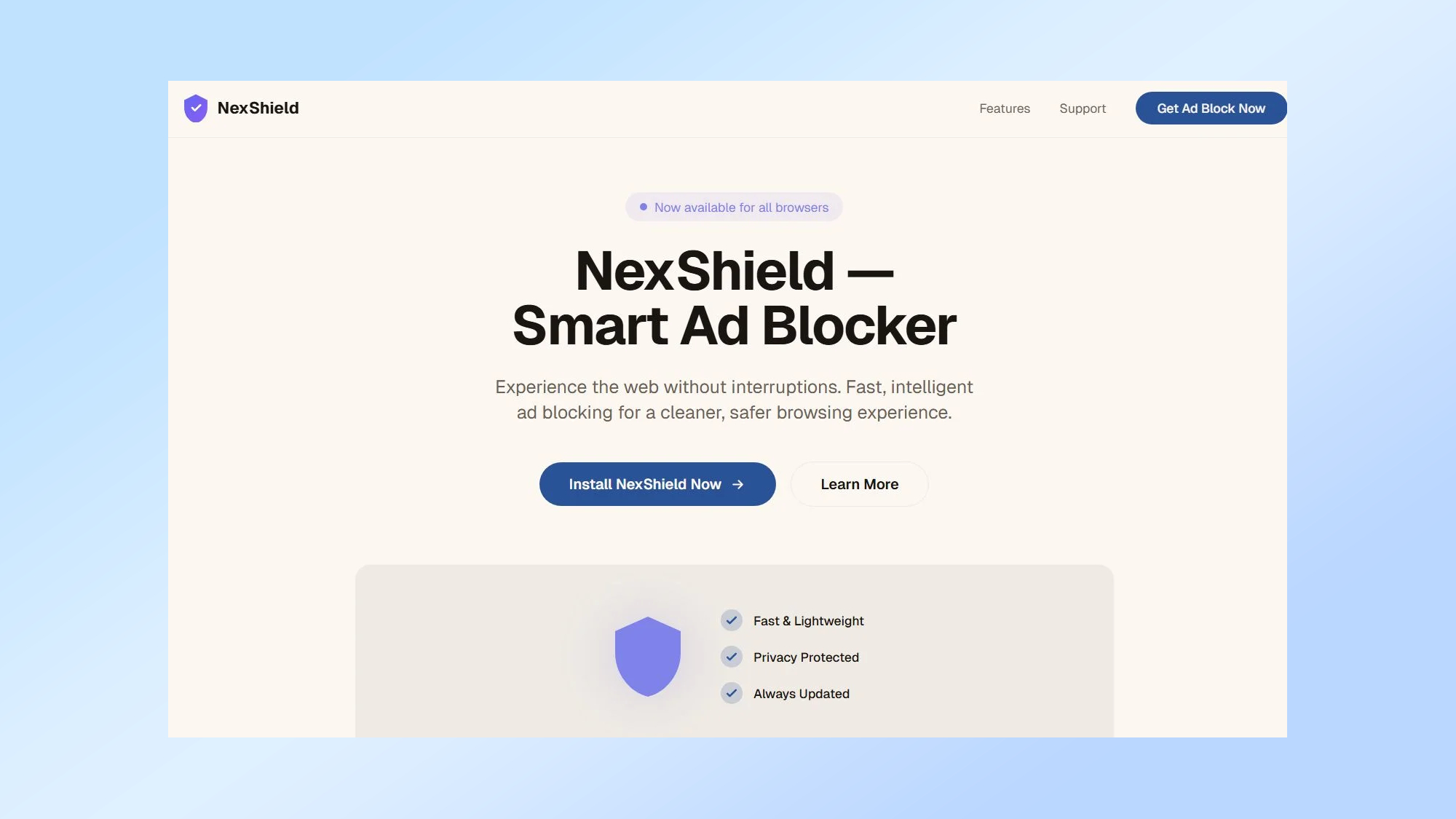 A screenshot showing the landing page for the fake browser extension NexShield