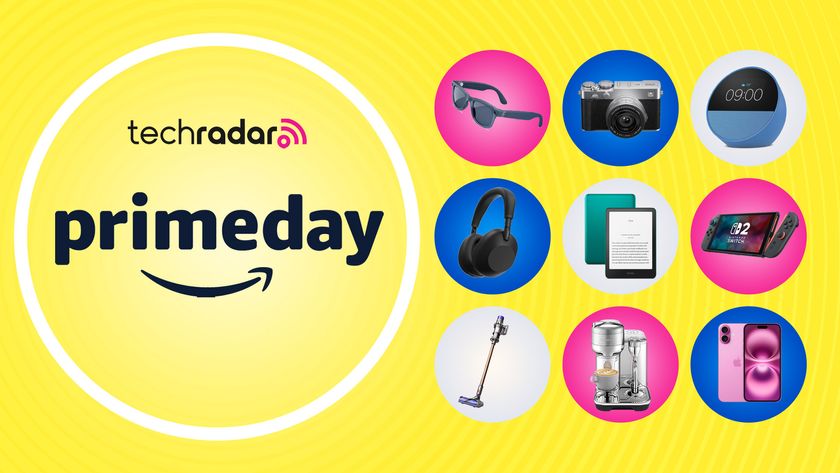 An assortment of tech products in coloured circles, on a bright yellow background with the TechRadar logo and "Prime Day" text on the left side.