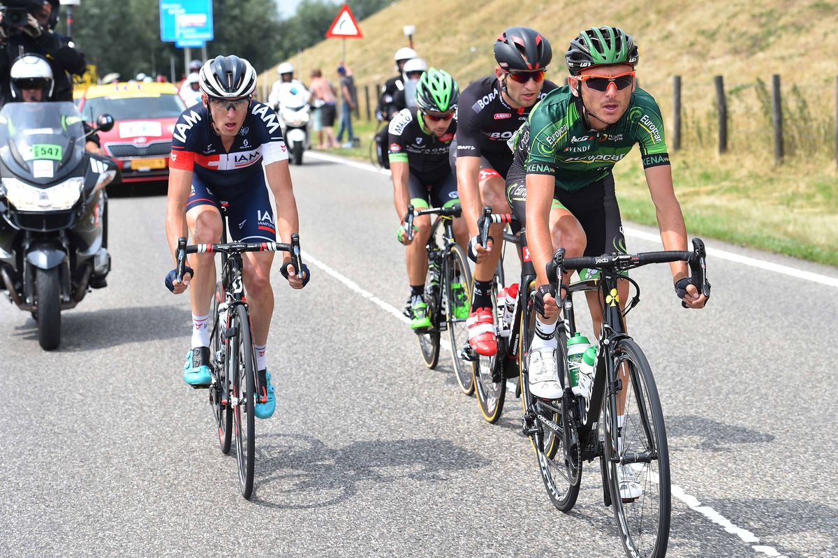 Stef Clement (IAM Cycling), Armindo Fonseca (Bretagne Seche), Perrig Quemeneur (Europcar) and Jan Barta (Bora Argon 18) in the breakaway
