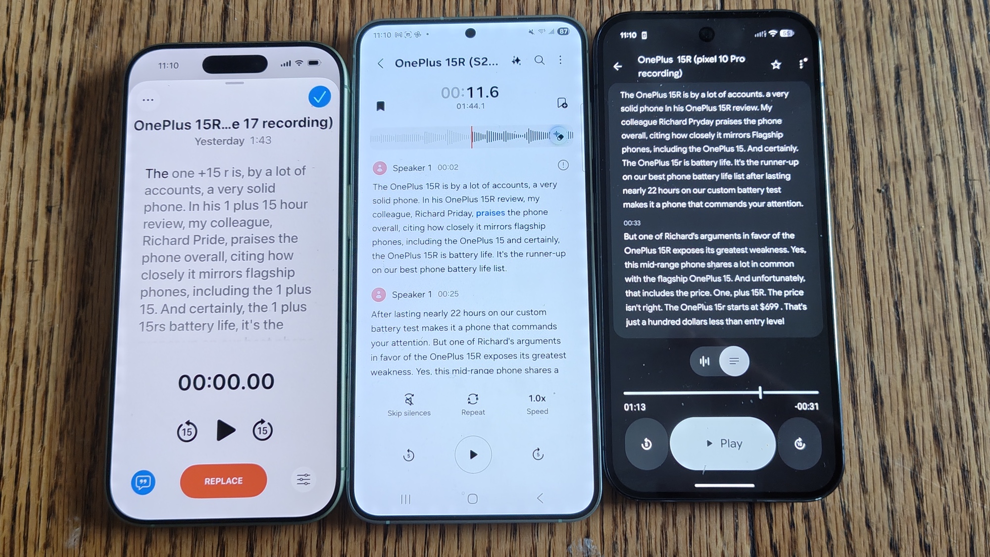 Voice Memos on an iPhone, Google Recorder app on a Pixel, and Voice Recorder on a Galaxy S25 Plus