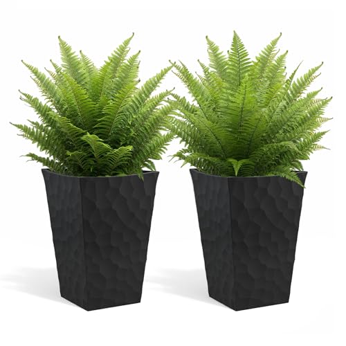 Keter Stone Tapered Planter Set of 2, Tall 26.4&amp;#8209;inch Resin Outdoor Flower Pots With Stone&amp;#8209;look Finish and 12.2&amp;#8209;gallon Capacity, Graphite