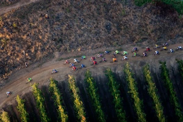 Aerial shot of riders during stage seven of the 2010 Absa Cape Epic Mountain Bike stage race held in and around Oak Valley in the Western Cape, South Africa.