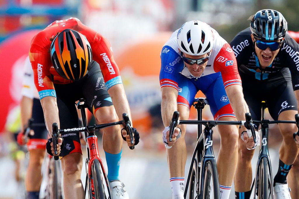 RZESZOW POLAND AUGUST 03 LR Phil Bauhaus of Germany and Team Bahrain Victorious Arnaud Demare of France and Team Groupama FDJ and Nikias Arndt of Germany and Team DSM sprint to win during the 79th Tour de Pologne 2022 Stage 5 a 1781km stage from Lancut to Rzeszow TdP22 WorldTour on August 03 2022 in Rzeszow Poland Photo by Bas CzerwinskiGetty Images