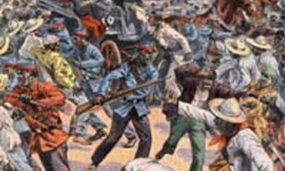 Illustration of President Nord-Alexis, protected by the French flag, escaping from revolutionaries in Haiti.