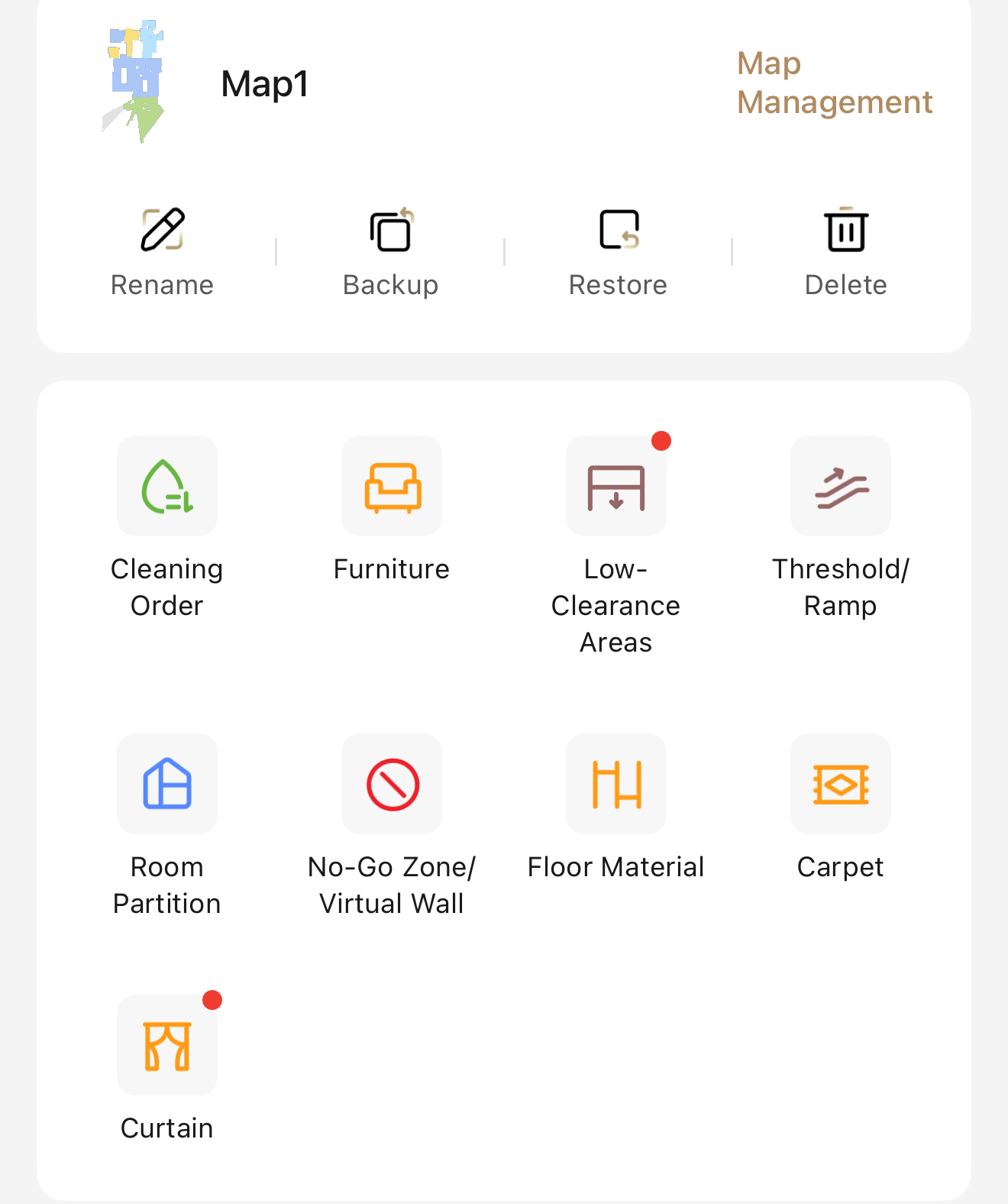 Dreame Aqua10 Ultra Roller app showing map management tools including room partition, no-go zones, and floor material settings