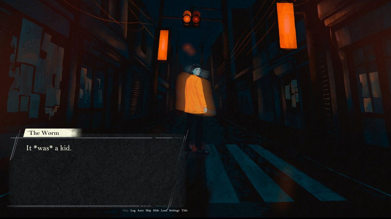 Hand-drawn game art in orange and teal colours for the upcoming video game I Shall Name the Dead