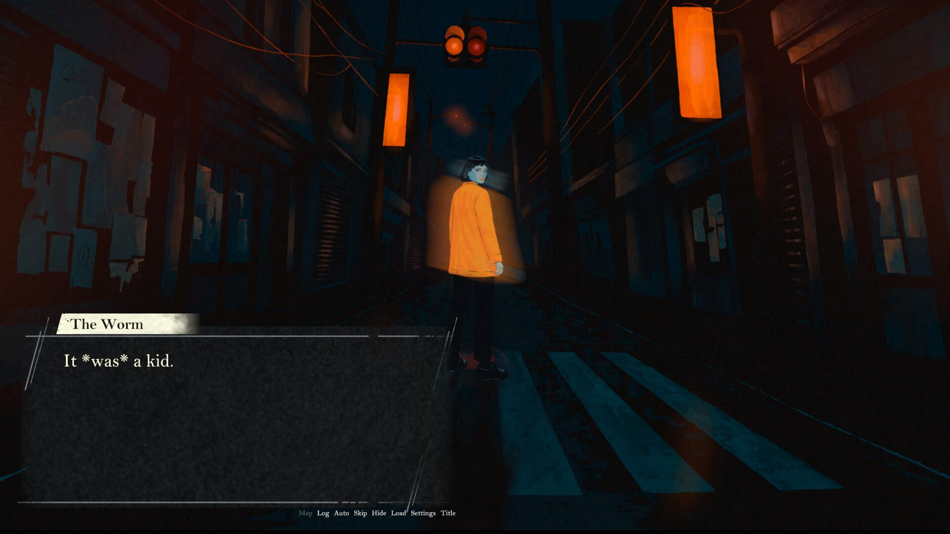 Hand-drawn game art in orange and teal colours for the upcoming video game I Shall Name the Dead