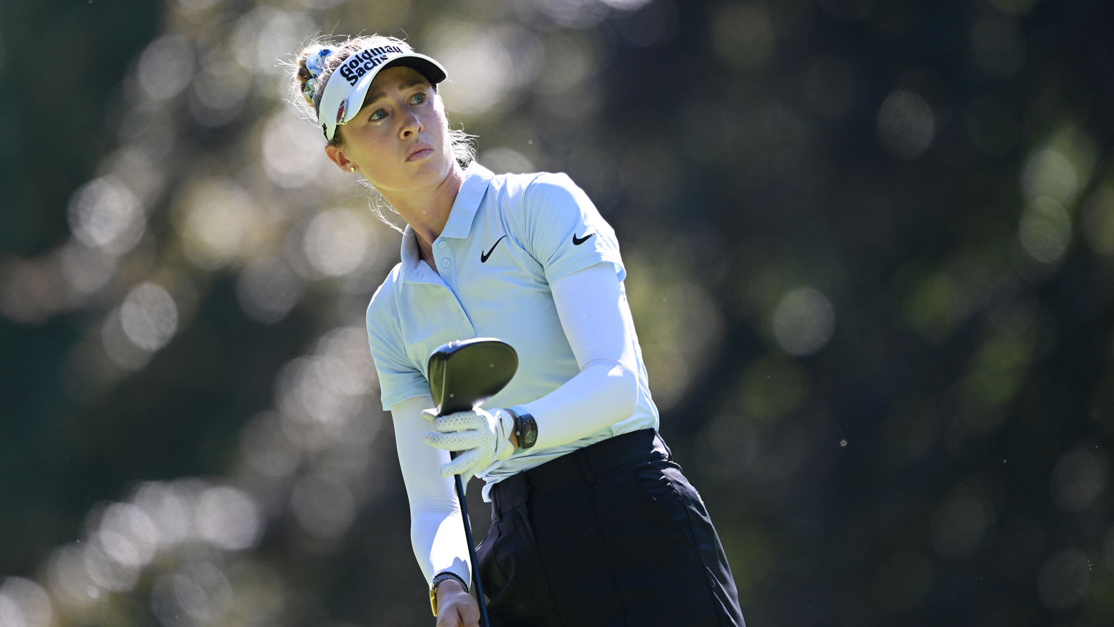 Nelly Korda reacts after hitting a driver off the tee