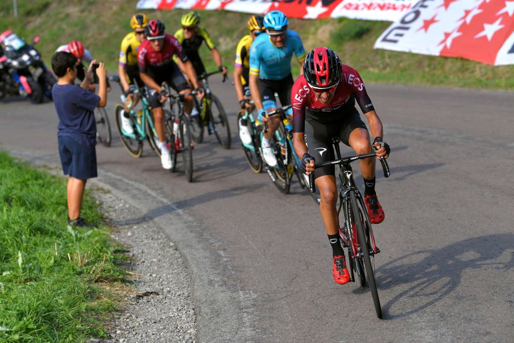 Ivan Sosa (Team Ineos) leads an attack in the closing laps
