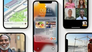 Several iPhones showing various iOS 15 features