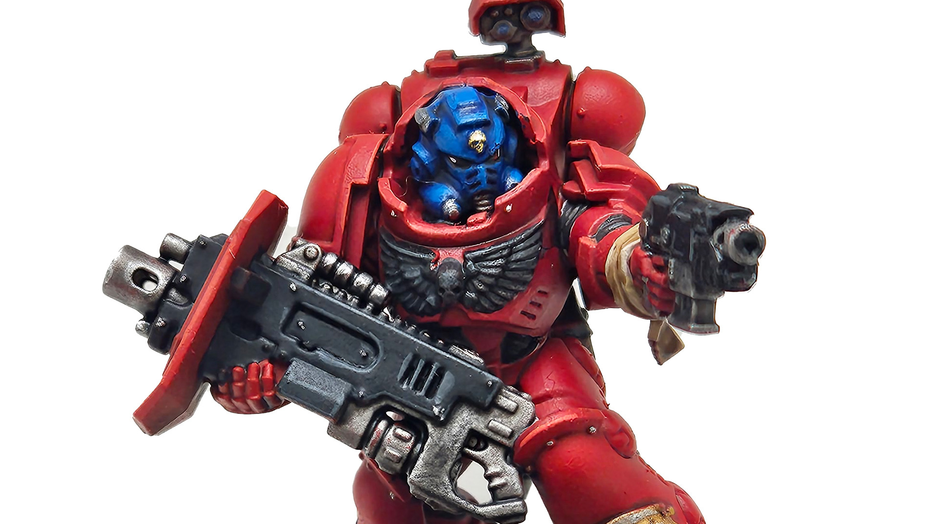 A fully-painted Blood Angels Space Marine in Gravis Armor from Warhammer 40K Armageddon, against a plain background