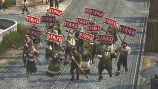 Citizens holding strike placards in Anno 1800