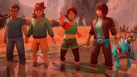 Temtem: Pioneers characters pose with their feet in a pond