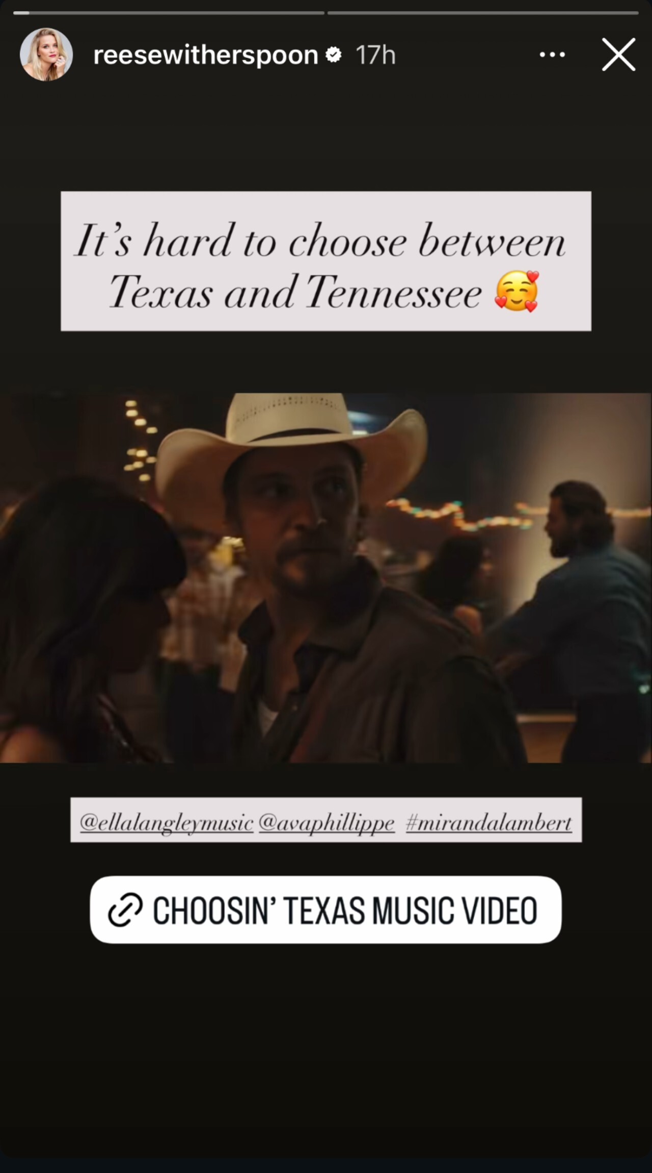 रीझ विदरस्पूनने एला लँगलीच्या टेक्सास संगीत व्हिडिओबद्दल पोस्ट केले.