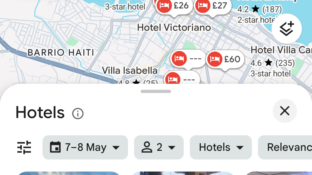 Screenshot from Google Maps showing hotels plotted on the map, with live prices
