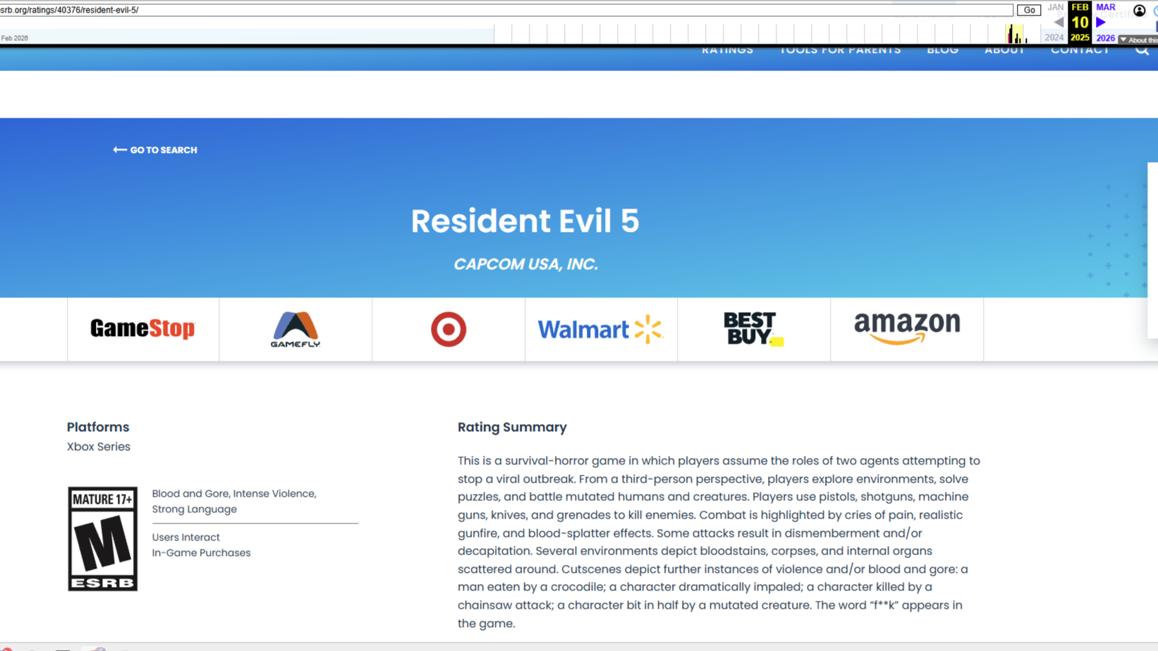 An internet archive screenshot showing the ESRB website in February 2025.
