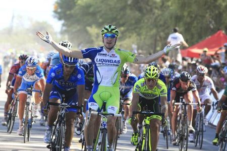 Elia Viviani (Liquigas-Cannondale) celebrates a win at the end of stage 6