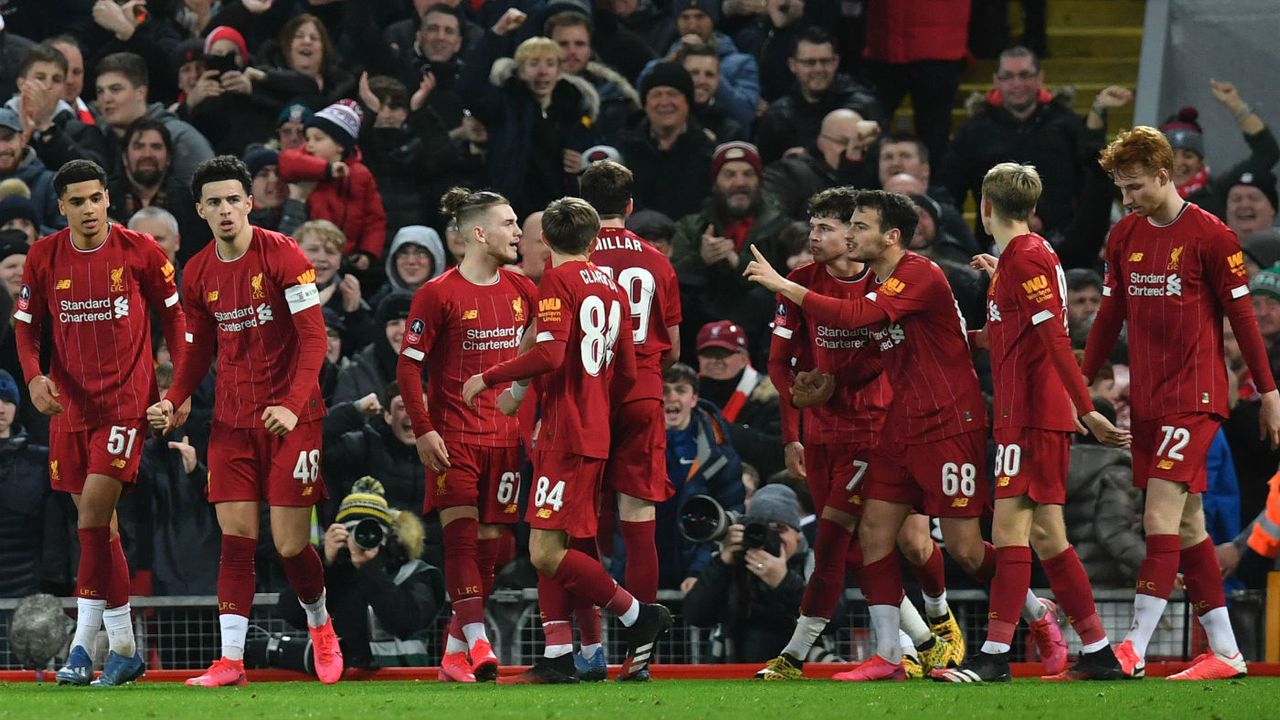 Liverpool’s youngsters celebrate the winning goal against Shrewsbury Town in the FA Cup